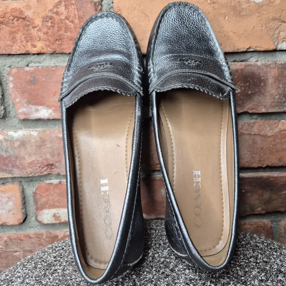 Coach Odette Metallic Pebbled Leather Loafers Size 7.5B Gunmetal Driving Shoes - Picture 9 of 11